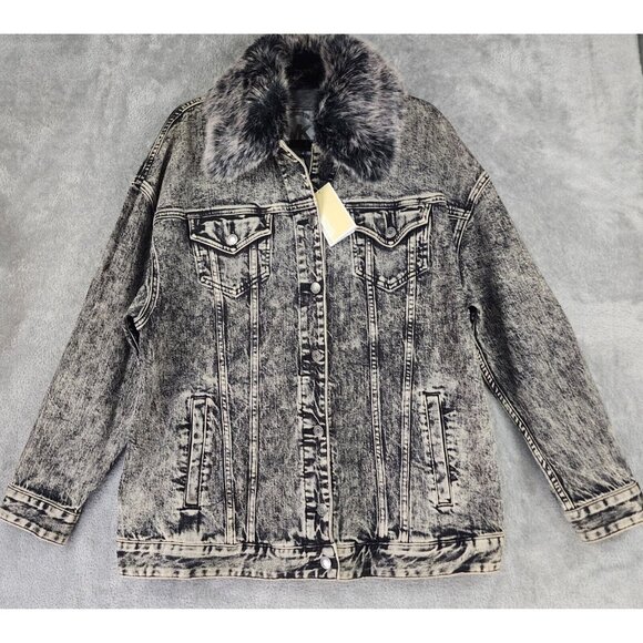 Michael Kors Denim Jacket Womens Large Black Acid Wash Faux Fur Button Retro - Picture 1 of 14